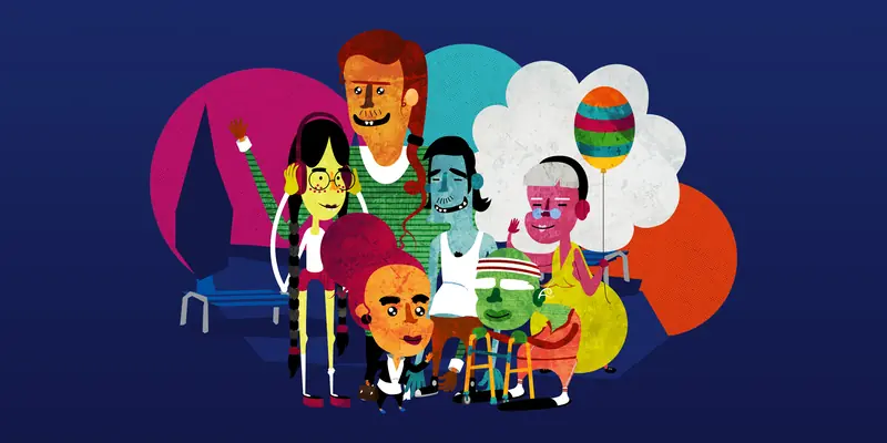 Illustration of a diverse group of colourful cartoon characters, including a tall red-haired figure, a girl with braids, an old man with a walker, an old lady with an air balloon, a blue-skinned man and a petite pink-haired woman, gathered together on a dark blue background.