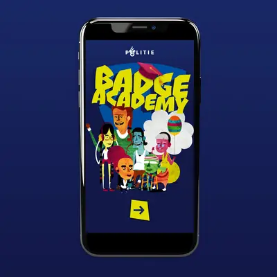 Smartphone mockup on a dark blue background showing the Badge Academy app splash screen, with the Politie logo at the top, a bold yellow comic-style title, a graduation cap, and the full illustrated cast of characters.