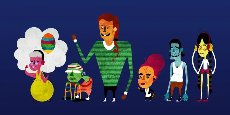 Illustration of six colourful cartoon characters of varying ages standing in a row, including a pink figure with a balloon, a green character with a walker, a tall figure in green, and a girl with braids, on a dark blue background.