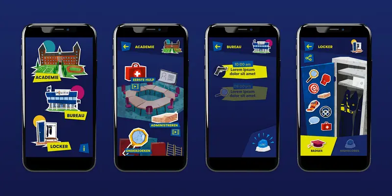 Four smartphone screens showing the Badge Academy app structure: a location hub with Academie, Bureau, and Locker; the Academie sub-menu with first aid, administration, and investigation modules; a Bureau mission schedule with timed tasks; and the Locker screen with collectable badges and equipment.