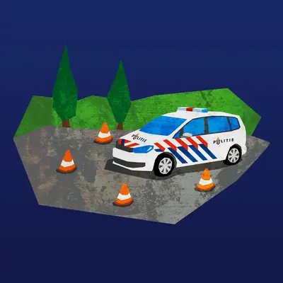 Illustration of a Dutch Politie police car with red and blue markings, surrounded by orange traffic cones on a road with green trees in the background.