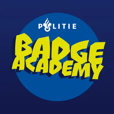 Badge Academy app logo: bold yellow comic-style lettering with a dark shadow on a blue circle, with the white Police torch-and-shield logo above.