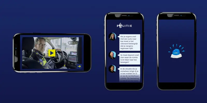 Three smartphones showing Badge Academy Bureau content: a video of a police officer at the wheel of a patrol car, a chat-style screen with tips from three instructors in Dutch, and a loading screen with an animated blue police siren.