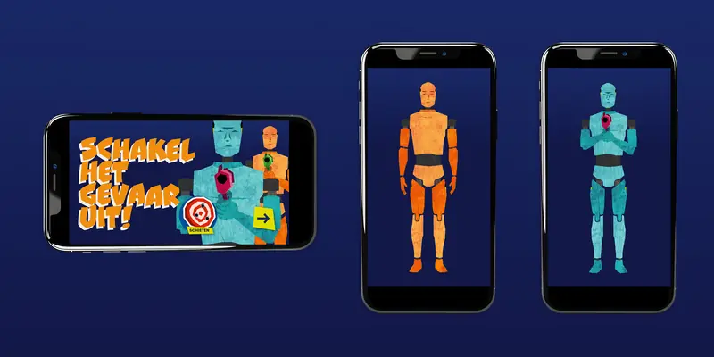 Three smartphones showing the “Schakel het gevaar uit” shooting mini-game, with a landscape intro screen and two portrait screens showing orange and teal illustrated robot-like figures, one holding a weapon.