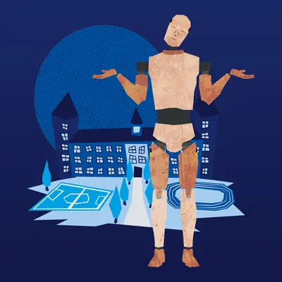 Illustration of a jointed wooden crash-test dummy shrugging with arms spread, standing in front of a blue illustrated police academy building with a football pitch and running track.