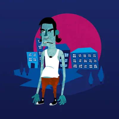 Illustration of a lanky, sullen teal cartoon character in a white vest and rust-red shorts, standing in a residential street with blue apartment blocks against a magenta circle.