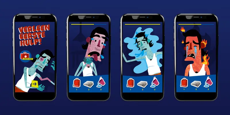 Four smartphones showing the “Verleen Eerste Hulp” first-aid mini-game, with an injured illustrated character in various states of distress across the screens and three selectable response items: a first aid kit, a bandage, and a cup at the bottom.