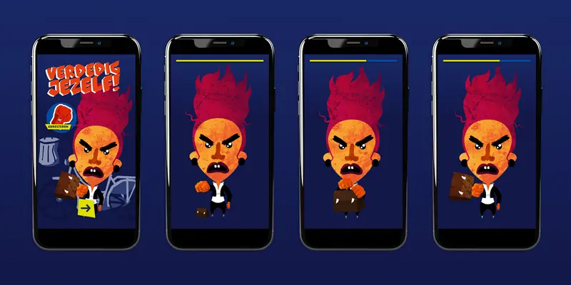 Four smartphones showing the “Verdedig jezelf” self-defence mini-game, with a small angry orange cartoon character with wild red hair and a briefcase appearing across all screens in escalating confrontation poses.