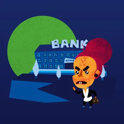 Illustration of a scowling orange cartoon character with red hair and a briefcase, standing in front of a blue bank building against a green circle on a dark blue background.