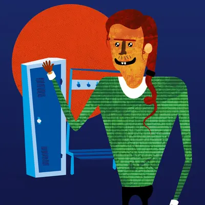Illustration of a tall red-haired cartoon character in a green striped jumper opening a blue locker, with a small hand cheerfully waving from inside.