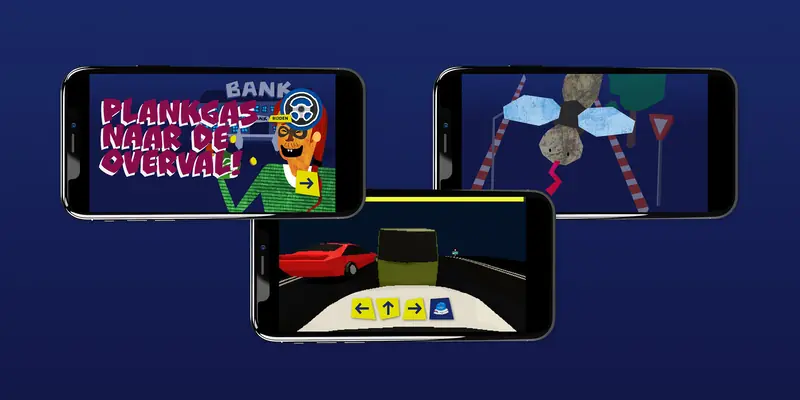 Three smartphones showing the Plankgas naar de overval driving mini-game: a comic-style landscape intro screen with the red-haired villain, a top-down street scene with barriers and a stop sign, and a 3D first-person driving view with directional controls.
