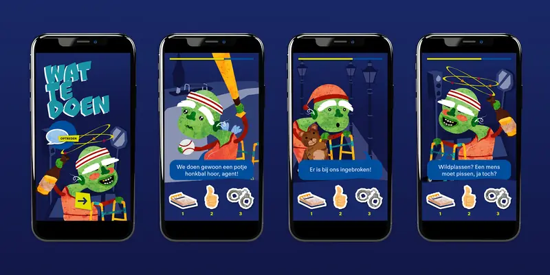 Four smartphones showing the “Wat te doen” decision-making mini-game, featuring a green cartoon character in different scenarios: playing baseball, reporting a burglary, and jaywalking, with three action options at the bottom.