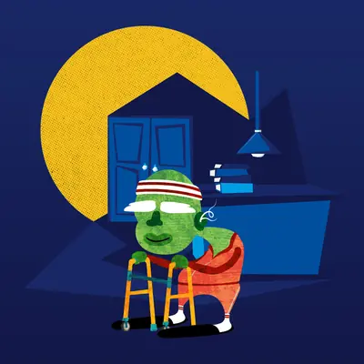 Illustration of a small green cartoon character wearing a sports headband and using a walking frame, standing in a dimly lit home interior with a yellow circle in the background.
