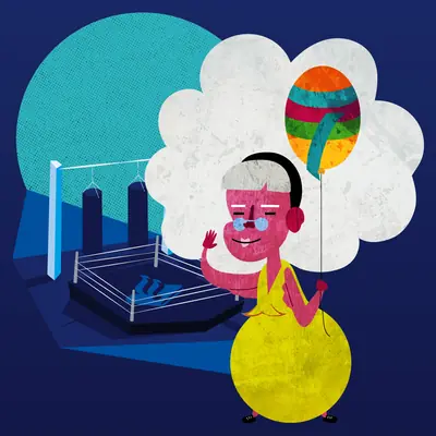 Illustration of a smiling pink cartoon character meditating with eyes closed, holding a colourful striped balloon, with a thought cloud above its head and a boxing ring in the dark blue background.