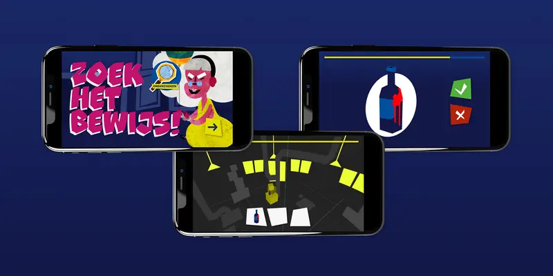 Illustration of three mobile phones showing different screens of a detective game against a blue background. The screens display the Dutch text “Zoek het bewijs!”, a 3D room, and a mini-game featuring a dark blue bottle with a red stain.