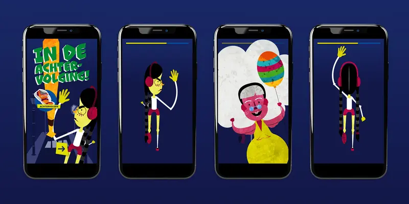 Illustration of four mobile phones showing a sequence from a running game against a blue background. The screens display the Dutch title “In de achtervolging!” and follow a character with long braids chasing a pink grandmother holding a striped balloon.