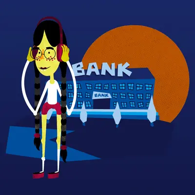 Illustration of a yellow-skinned cartoon character with long braids, glasses, and red headphones. In the background, a blue bank building stands before a massive textured orange sun against a dark night sky.