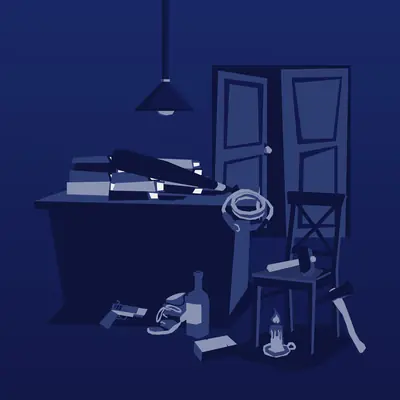 A stylised monochromatic blue illustration of a dimly lit, messy office room. A baseball bat sits on top of stacked books on a large desk, surrounded by scattered items like a pistol, a bottle, an axe, and a single lit candle.