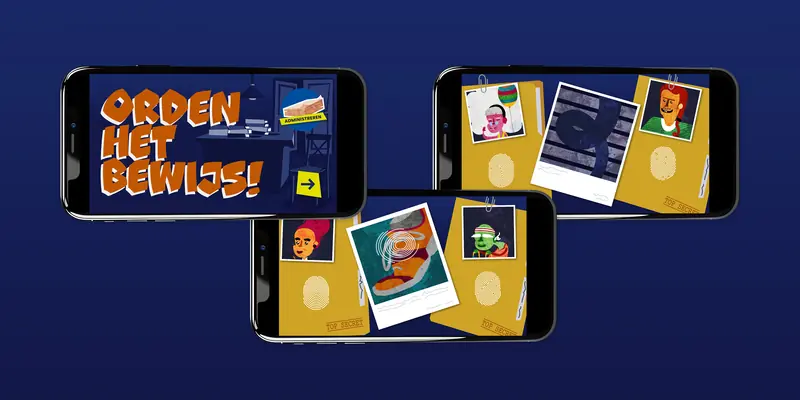 Illustration of three mobile phones displaying a case-sorting game interface against a blue background. The screens feature the Dutch text “Orden het bewijs!” alongside yellow “Top secret” folders containing suspect photos, fingerprints, and evidence.