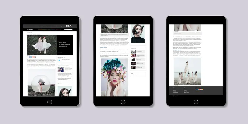 Three black tablets arranged in a row against a light grey background, displaying consecutive pages of a digital article from the Canon website. The layout highlights fine-art photography, featuring text blocks alongside creative portraits of women in unique settings.