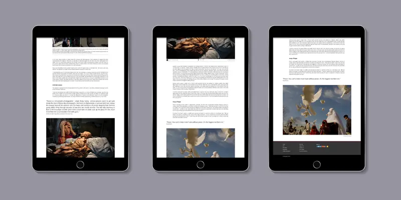 Three black tablets side-by-side displaying an online editorial article. The digital pages combine columns of text with documentary photography, including a poignant image of a woman cradling a small child on the left tablet, and a group of white doves in flight on the other screens.