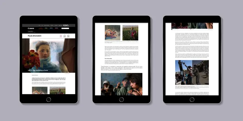 Three black tablets arranged side-by-side showcasing a multi-page digital profile layout. The pages display a combination of biographical paragraphs and prominent documentary images, including a portrait of a young girl looking out through a rain-streaked glass window.