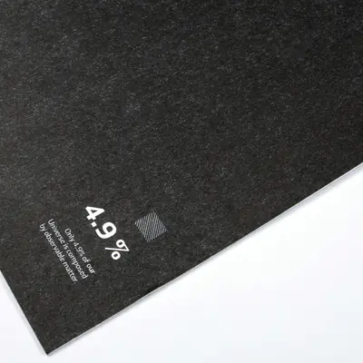 Minimalist view of the corner of a textured black page featuring white text that reads “4.9%” next to a small shaded square. Below it, a caption reads: “Only 4.9% of our Universe is composed of observable matter.”