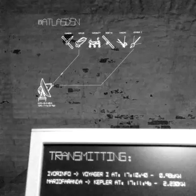 Black-and-white photo of an art installation. A line-art satellite dish and six spacecraft (Chandra, Kepler, Curiosity, Rosetta, Cassini, Voyager 1) are projected onto a brick wall under the handle @ATLASDSN. In the foreground, a computer monitor displays a live transmission log with usernames, timestamps, and signal power.