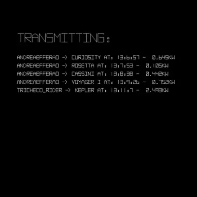 Digital graphic showing retro, white pixelated text on a black background under the header “TRANSMITTING:”. It logs outbound transmissions from users to deep space missions, including Curiosity, Rosetta, Cassini, Voyager 1, and Kepler, listing exact timestamps and signal power in kilowatts.
