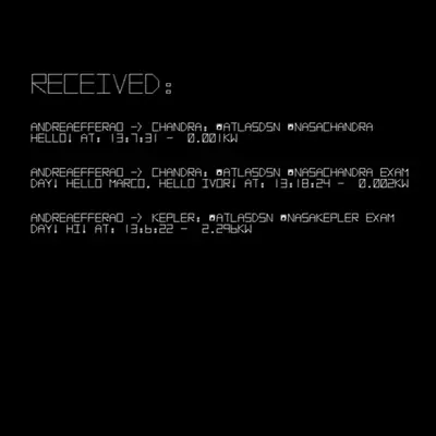 Digital graphic showing retro, white pixelated text on a black background under the header “RECEIVED:”. It displays logs of incoming tweets containing short messages, target spacecraft handles, timestamps, and kilowatts received.