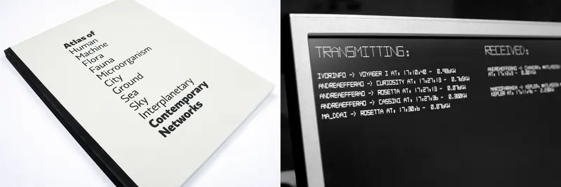 A panel composed of 2 images. On the left: a minimalist white book cover titled “Atlas of Contemporary Networks,” listing scientific topics vertically. On the right, a retro terminal screen displaying a data log of power commands transmitted to the Curiosity, Rosetta, and Cassini spacecraft.