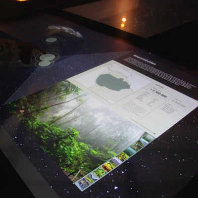 Close-up of a horizontal touchscreen showing an interface with a rainforest image, a location map, biodiversity stats, and a finger selecting one of the circular data points.