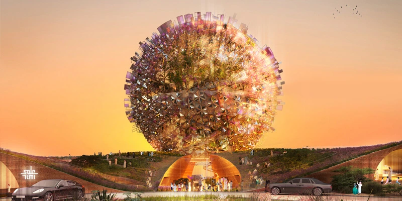 Front-facing rendering of Ilmi Center at dusk, showing visitors entering the museum through a tunnel-like entrance beneath the glowing orb.