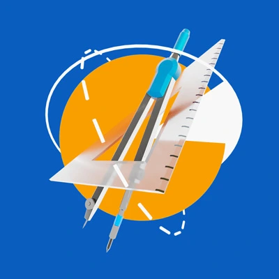 3D illustration of a transparent ruler and compass on an orange circle over a blue background with circular white graphics, symbolizing mathematics.