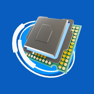 3D digital illustration of a microchip on a light blue circle over a blue background with circular white graphics, symbolizing technology.