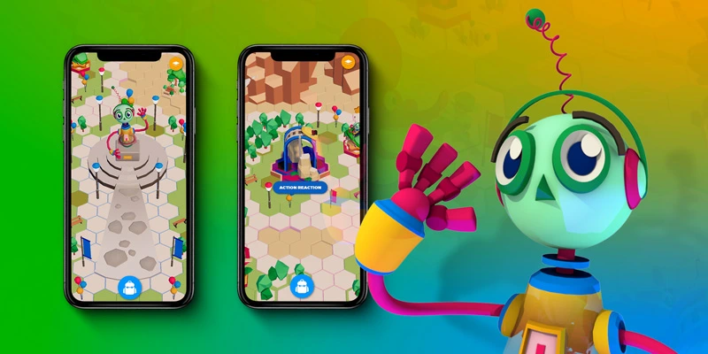 Two smartphones display a colorful, hexagonal map-based interface of a virtual learning environment, featuring a cartoon robot character. The robot waves beside the screens, against a vibrant gradient background.
