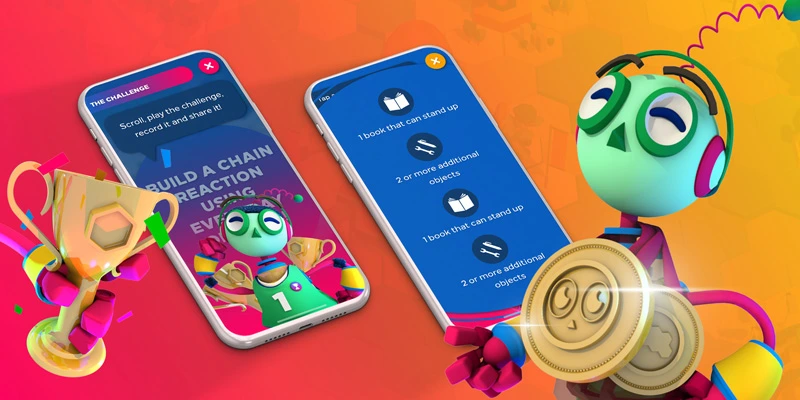 Two smartphones show a digital challenge interface with chain reaction instructions. A cheerful robot holds large gold coins and a trophy is seen in the foreground, all set against a colorful background.