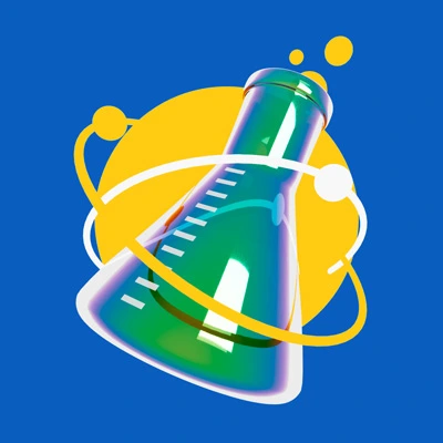 3D digital illustration of a green science beaker surrounded by orbital rings, set against a blue background on a yellow circle, symbolizing science.