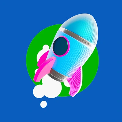 3D digital illustration of a rocket launching with stylized pink fins and grid texture, set against a green circle on a blue background, symbolizing engineering.