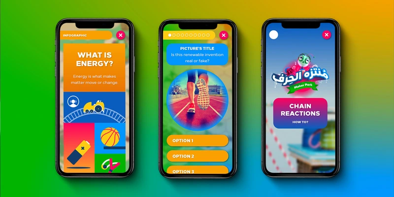Three mobile screens showing different stages of a digital learning activity: defining energy, identifying innovations, and accessing a “Chain Reactions” challenge in the Maker Park.
