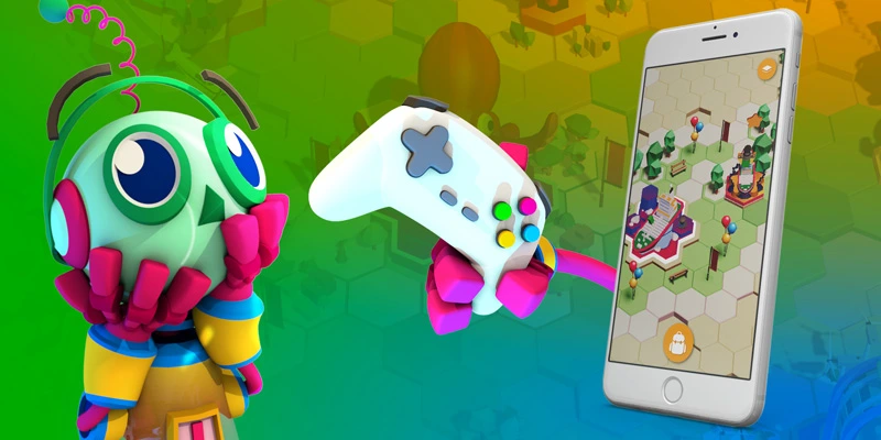 A cheerful robot holds its face in surprise next to a floating game controller and a smartphone showing a colorful hexagonal map interface from the educational platform, all set against a vibrant gradient background.