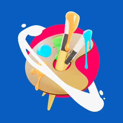 3D digital illustration of an artist palette with colorful paint blobs and brushes, set on a vibrant pink circle on a blue background, symbolizing arts.