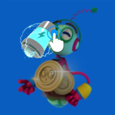 Cartoon robot wearing large golden medals, with a glowing electric battery being activated by a tap gesture, set on a blue background with lightning effects.