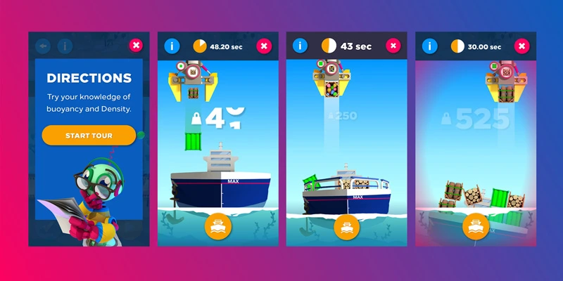 Four mobile screens showing a game on buoyancy and density. A cartoon robot introduces the activity, followed by scenes of ships being loaded in different stages.