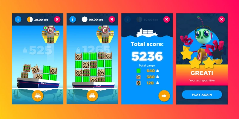 Continuation of the buoyancy game interface showing increasing cargo being loaded onto a ship, total score display with weight values, and a success screen with three stars and a robot avatar.