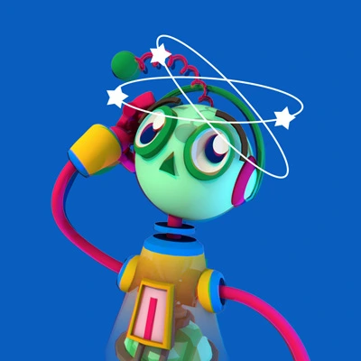 Cartoon robot with dizzy expression and stars orbiting its head, illustrating confusion or information overload, set on a bright blue background.