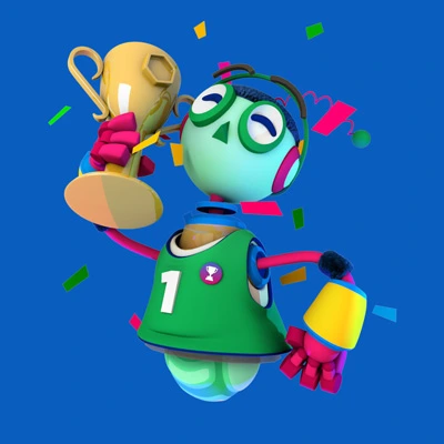 Cartoon robot wearing a green jersey with the number 1, cheerfully raising a golden trophy with confetti falling around, celebrating a game achievement on a bright blue background.
