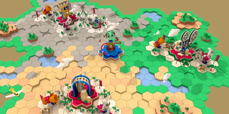 A colorful isometric map made of hexagonal tiles showing various interactive stations, including a robot character at the center and icons such as a trophy, camera, and film reel, representing different educational activities.