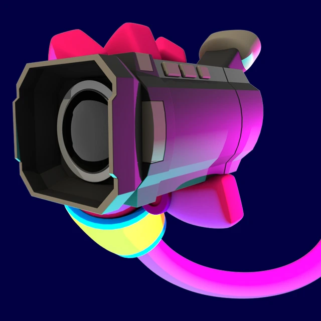 3D rendering of a stylized camera lens gripped by a pink robotic hand with yellow and blue wrist, representing a recording or video function.