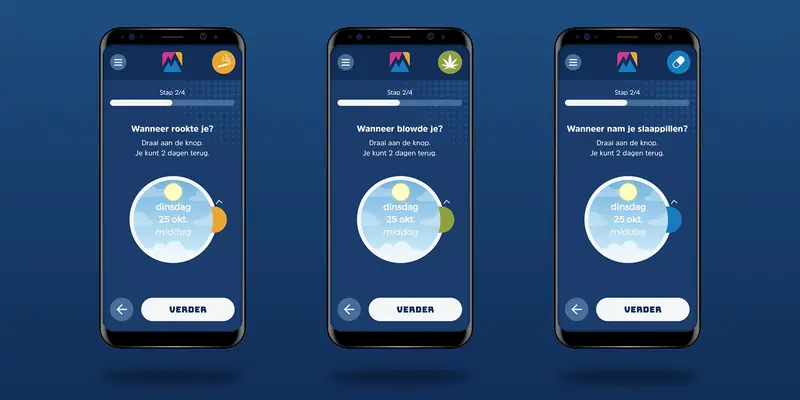 Three variations of the time selection screen (Step 2 of 4) customised for different substances, showing specific questions and color-coded dials for tracking smoking cigarettes, smoking joints, or taking sleeping pills.